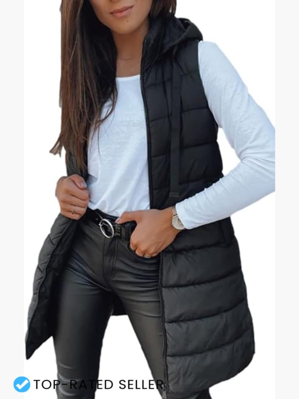 Womens Long Puffer Vest Sleeveless Hooded Quilted Winter Outerwear Lightweight